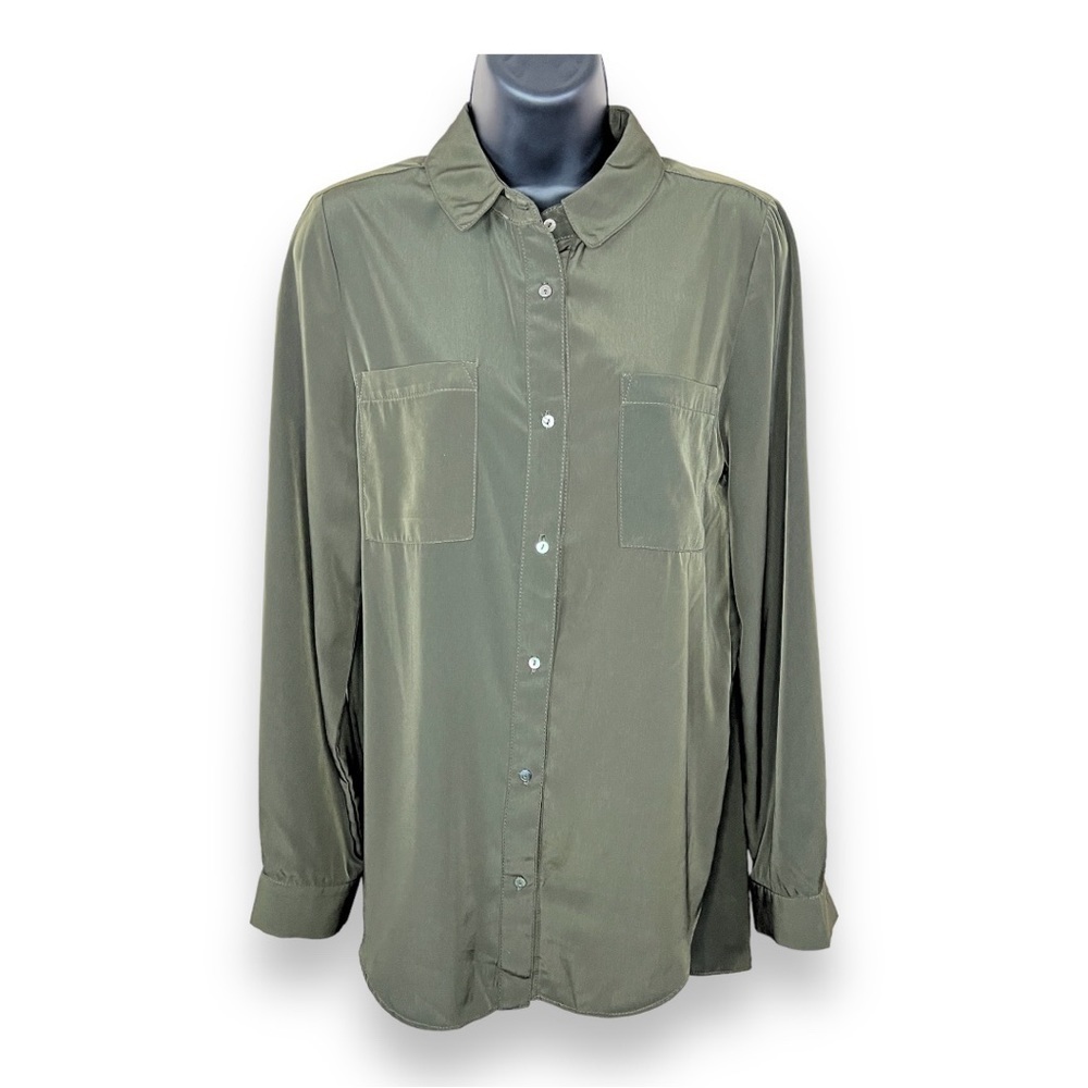 Small Zoa New York Dark Green Button Front Long Sleeve Shirt Sateen Satin Olive
